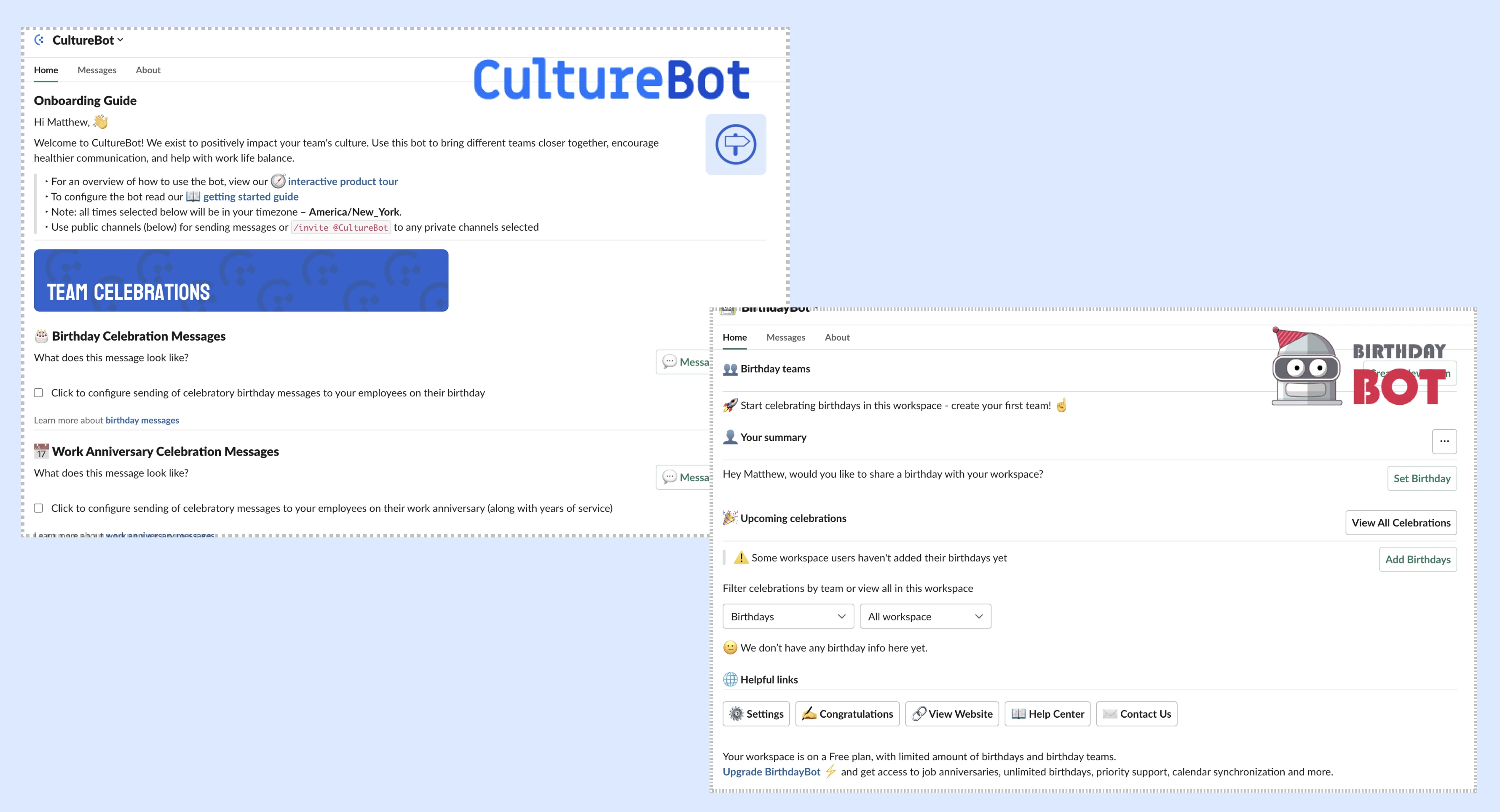 culturebot and birthdaybot inside Slack