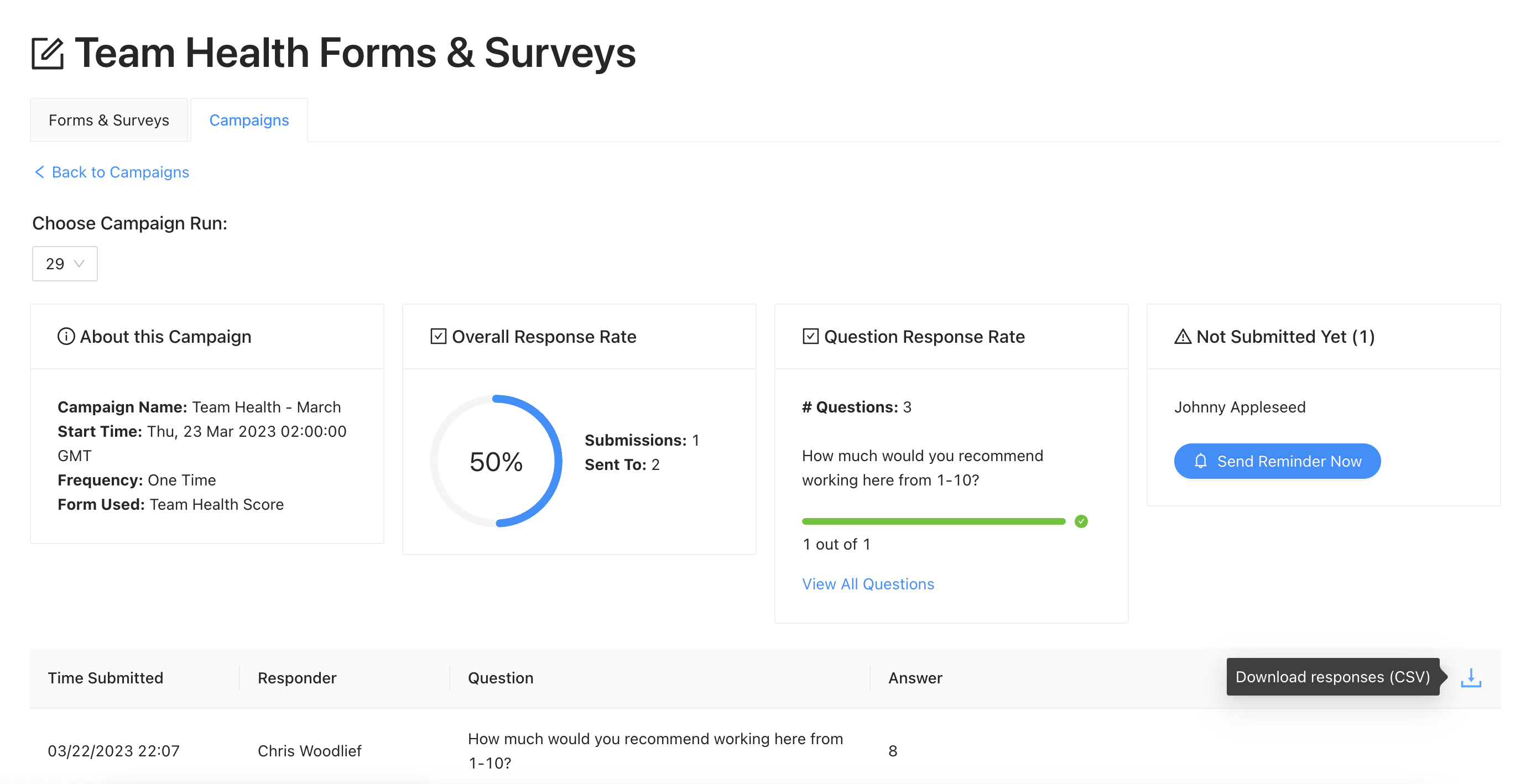 view Slack survey campaign responses