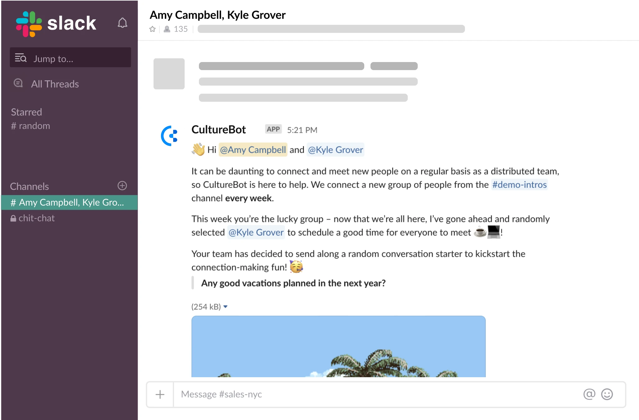 employee intro preview inside Slack