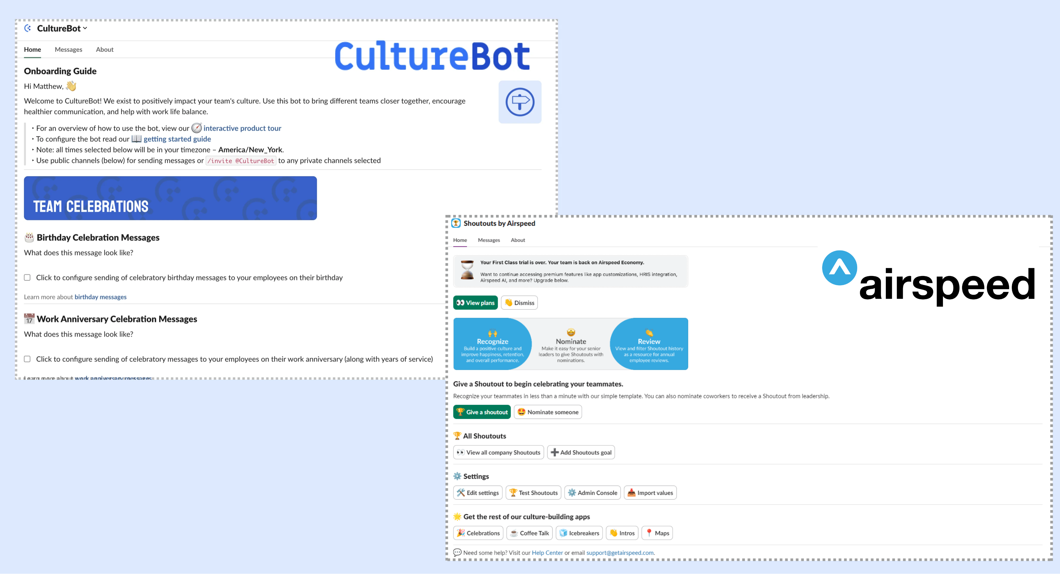 culturebot and airspeed inside Slack