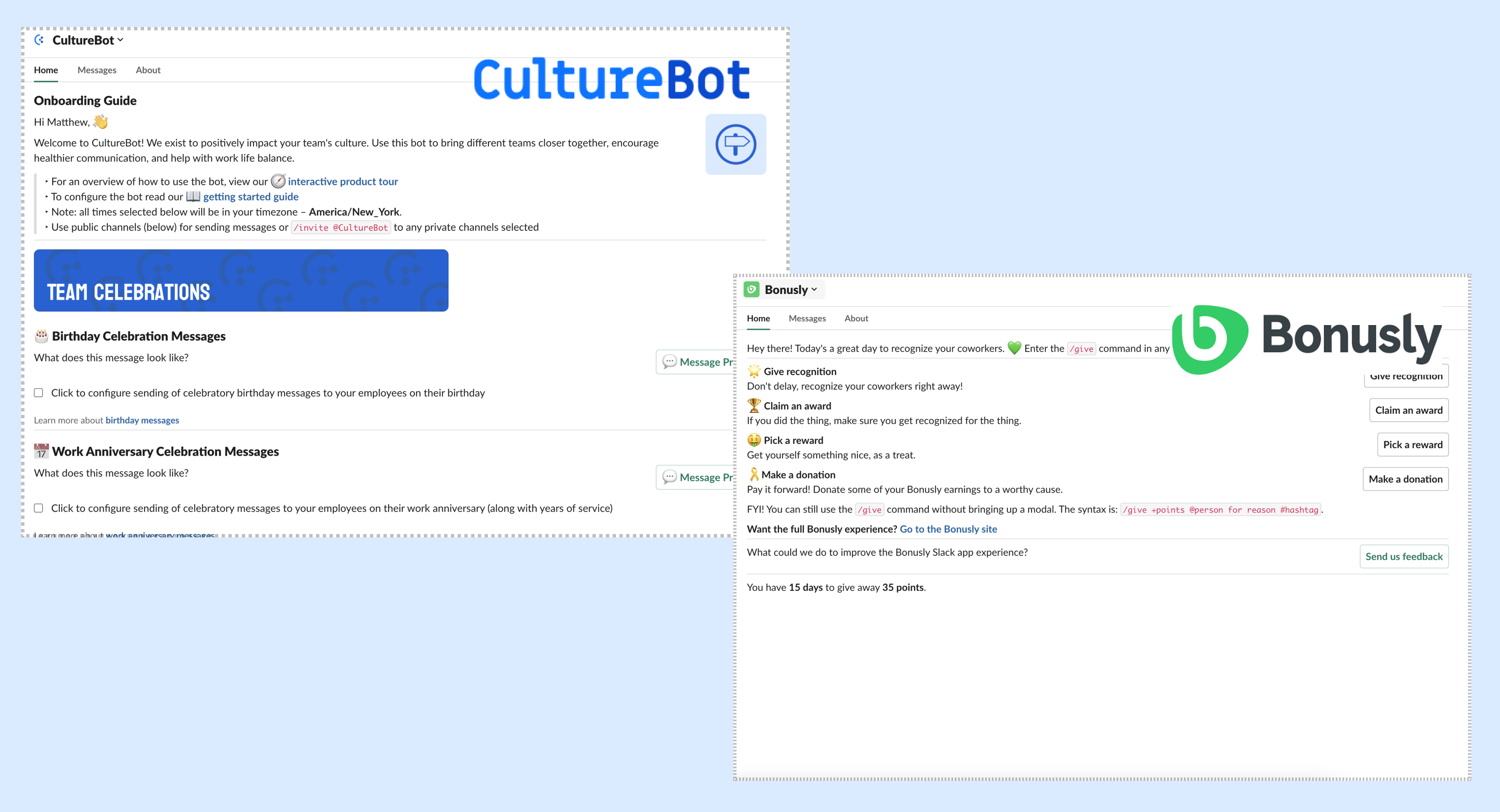 culturebot and bonusly inside Slack