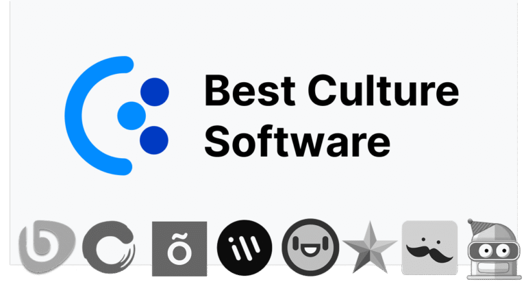 A digital graphic featuring the CultureBot logo on the left and the text “Best Culture Software” in bold black font on the right. Along the bottom are logos of other workplace culture and engagement apps arranged in a row, including Donut, Officevibe, Polly, Trello, HeyTaco, Bonusly, and Disco. The design emphasizes CultureBot at the center as the leading option among popular culture software tools.