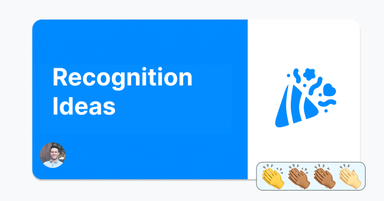 Virtual Recognition Ideas graphic with a blue celebration icon, diverse clapping hand emojis, and text highlighting employee recognition strategies