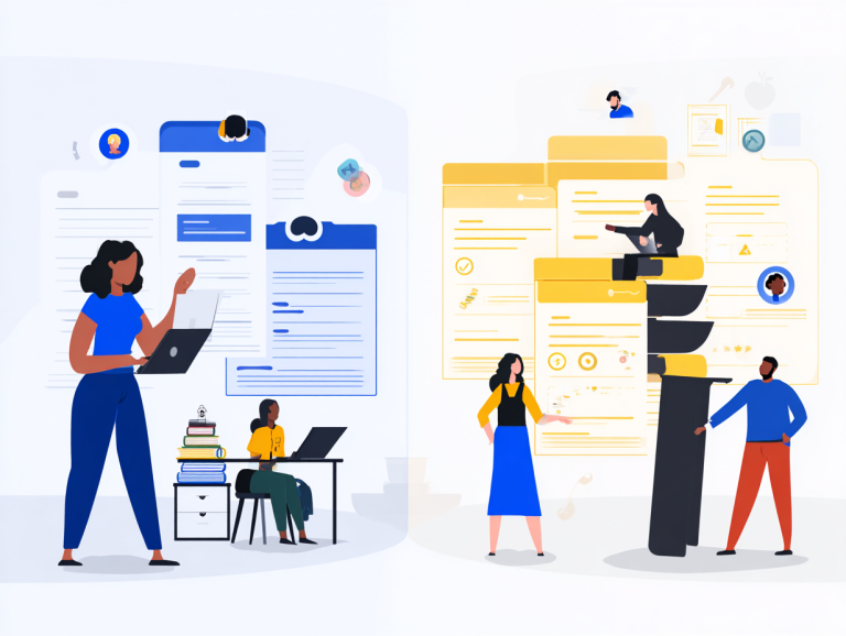 A modern flat-style digital illustration comparing two roles in HR leadership. On the left, a woman in blue works with digital documents, charts, and laptops, symbolizing the strategic and people-focused aspects of a Head of People role. On the right, a group of professionals interacts with large folders, checklists, and compliance forms, representing the structured, process-driven responsibilities of an HR Director. The split-screen design contrasts creativity and people engagement with policy and operational rigor.