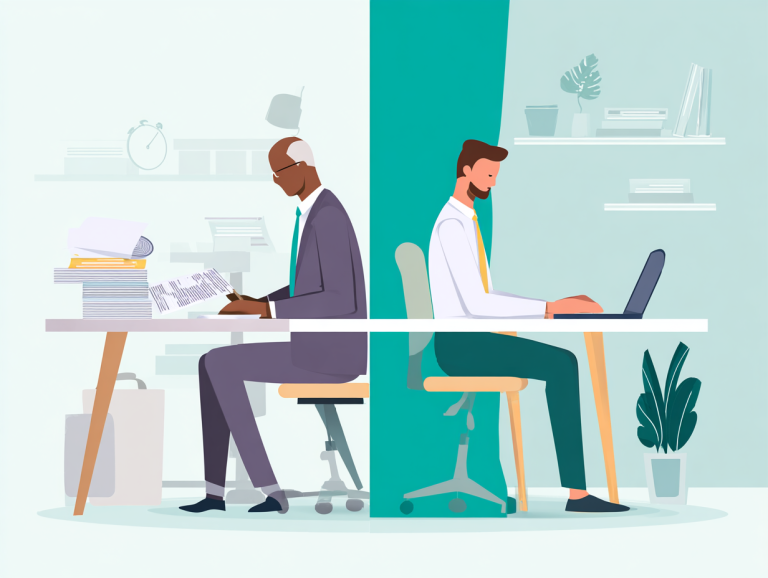 A professional digital illustration showing two generations of workers side by side at the same desk, separated by a split background. On the left, an older man with gray hair in a suit works with paper documents and stacks of files. On the right, a younger man with a beard in business-casual attire uses a laptop in a modern, minimalist workspace with plants and shelves. The contrast highlights differences between traditional and modern work styles.
