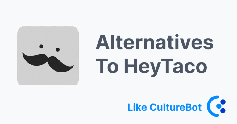 A square gray icon with a cartoon mustache face, paired with the text “Alternatives to HeyTaco – Like CultureBot.”