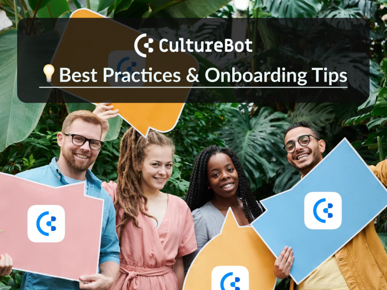 A diverse group of four smiling team members stand in front of large tropical leaves, each holding colorful cut-out shapes featuring the CultureBot logo. Above them, a banner reads “CultureBot – Best Practices & Onboarding Tips” with a lightbulb icon, symbolizing ideas and guidance for workplace culture and onboarding.