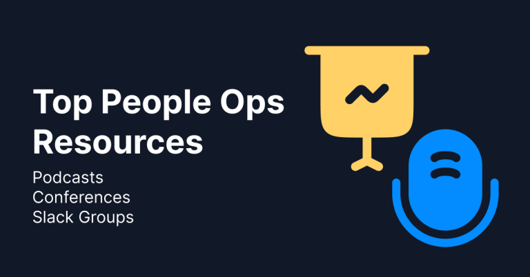 Top People Ops Resources graphic featuring icons of a presentation chart and microphone, highlighting HR and People Operations tools like podcasts, conferences, and Slack groups.