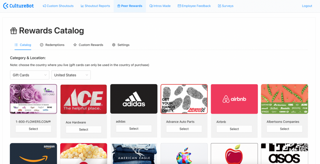 If your team is using Slack and CultureBot, you can easily incentivize employees to share feedback by allowing them to send points, and exchange those points for gifts – either ones you’ve setup yourself or automated e-gift cards.