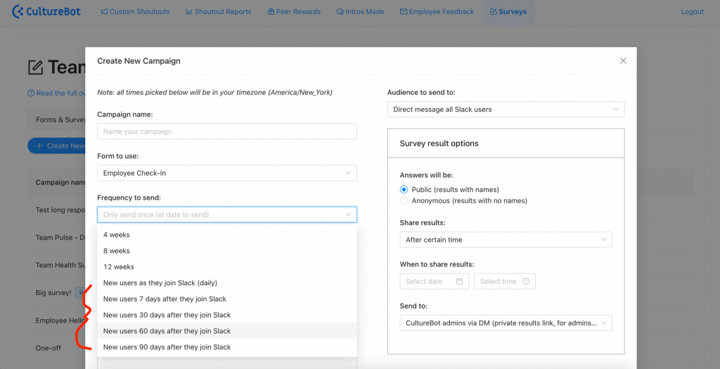 Screen showing how to build employee onboarding journeys and experiences in Slack and Teams to check in as they continue to integrate and ramp up on the team.