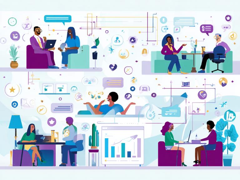 Modern flat-style digital illustration of employees in a workplace setting, engaging in one-on-one meetings, teamwork, and casual conversations. Colorful icons represent employee engagement, workplace culture, feedback, growth, and collaboration—ideal for articles on HR strategies, employee engagement, and company culture.