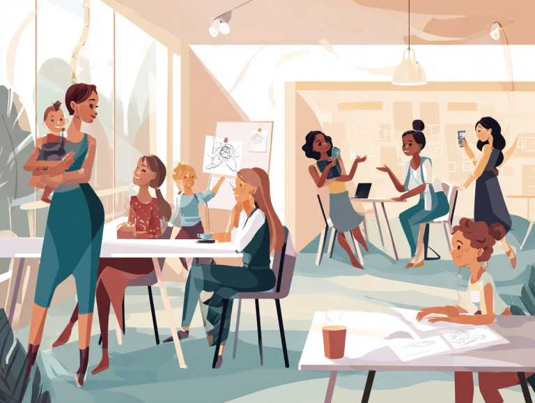 A modern, professional illustration of a diverse group of working mothers collaborating in a bright, open office. Some women are engaged in conversation, others are working at laptops, and one mother holds her child, symbolizing the balance of career and parenthood. The scene highlights workplace inclusion, support, and success for working moms.