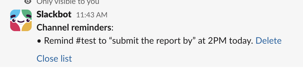 Reviewing your reminders in Slack, screenshot
