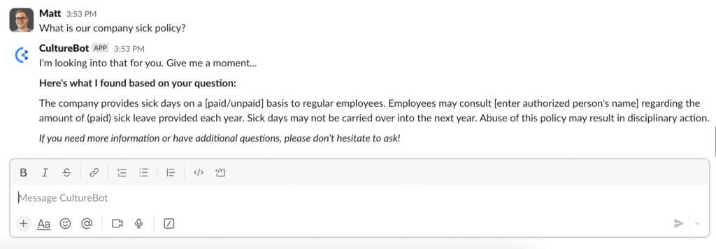 An example conversation that an employee might have with the Employee Assistant.