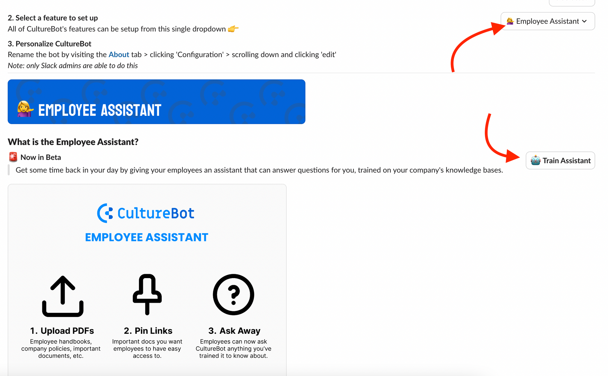 Setup screenshot of the Employee AI Assistant, which is a generative AI tool inside slack that answers standard questions from employees that can be answered by company documents and other company information.