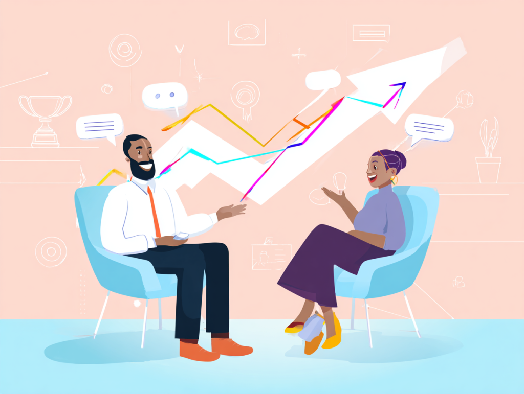 Flat, modern digital illustration of a manager sitting across from an employee in a one-on-one meeting, both smiling and engaged in conversation. Around them, subtle icons represent recognition (trophy), growth (upward arrow), and communication (speech bubble). Bright, professional colors with a hopeful, positive tone.