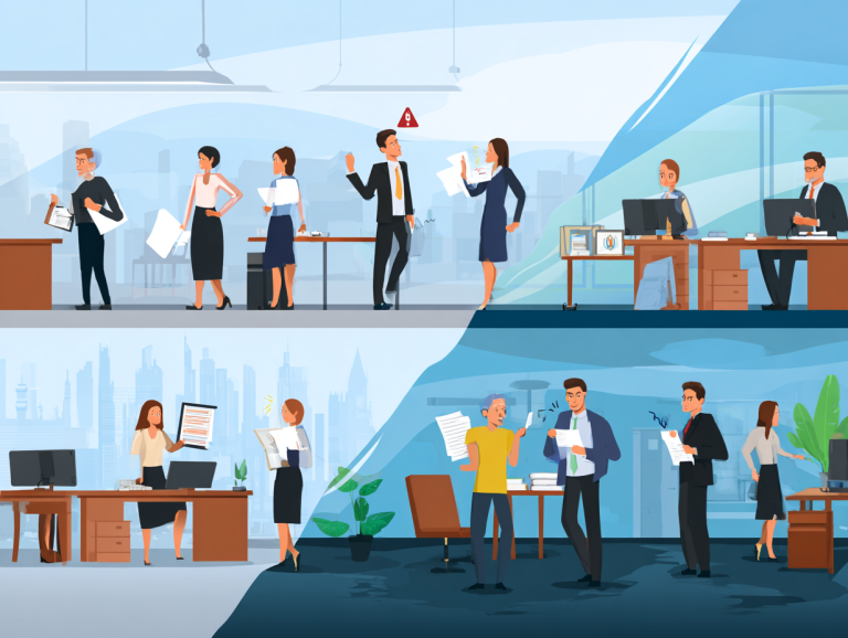 Flat, modern digital illustration of an office environment split in two: on one side, leaders promoting values like transparency and balance, and on the other side, employees working overtime or facing hidden truths. Visual tension to show the disconnect between stated values and actual behavior.
