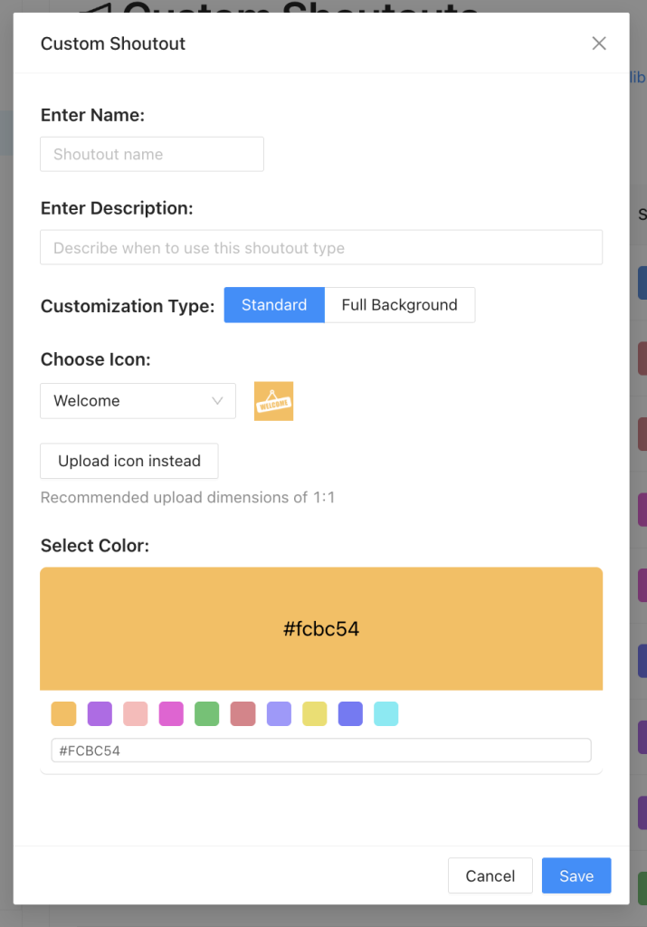 Screenshot of the “Custom Shoutout” setup window in CultureBot. The interface allows users to enter a shoutout name and description, select a customization type (standard or full background), choose or upload an icon, and pick a color from a palette. A large orange color (#fcbc54) is currently selected, with the “Save” and “Cancel” buttons displayed at the bottom right.