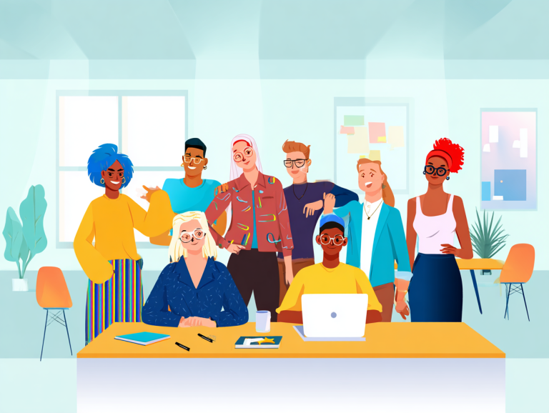 A modern digital illustration of a diverse group of young professionals proudly expressing individuality--some with colorful hair, unique clothing styles, or neurodivergent symbols--collaborating in an inclusive, vibrant office environment. Bright, bold colors, flat vector style, professional yet human feel.