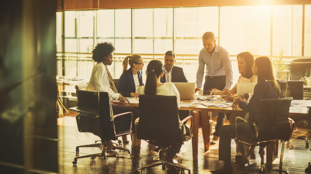 A professional office photo showing a diverse group of business leaders gathered around a conference table in discussion, symbolizing shared ownership of organizational culture and workplace strategy.