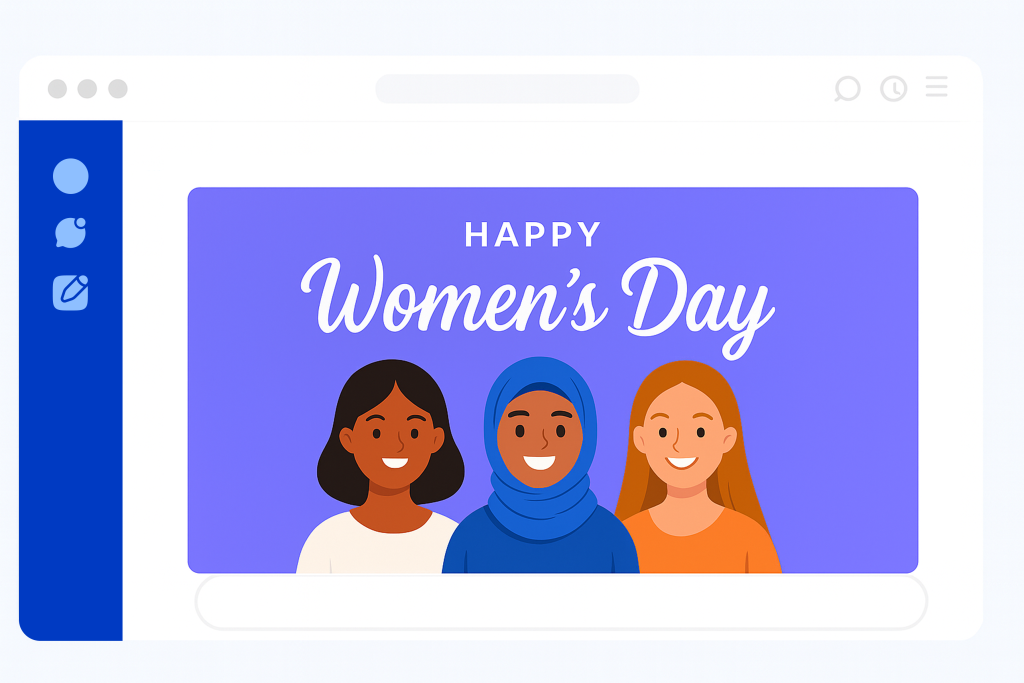 Illustrated CultureBot screenshot celebrating International Women’s Day, with three diverse women avatars in front of a purple background and the text ‘Happy Women’s Day.’