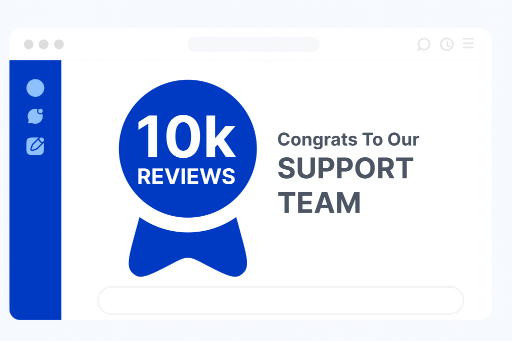 CultureBot screenshot celebrating a team milestone with a large blue badge reading ‘10k Reviews’ and the text ‘Congrats to our Support Team.’
