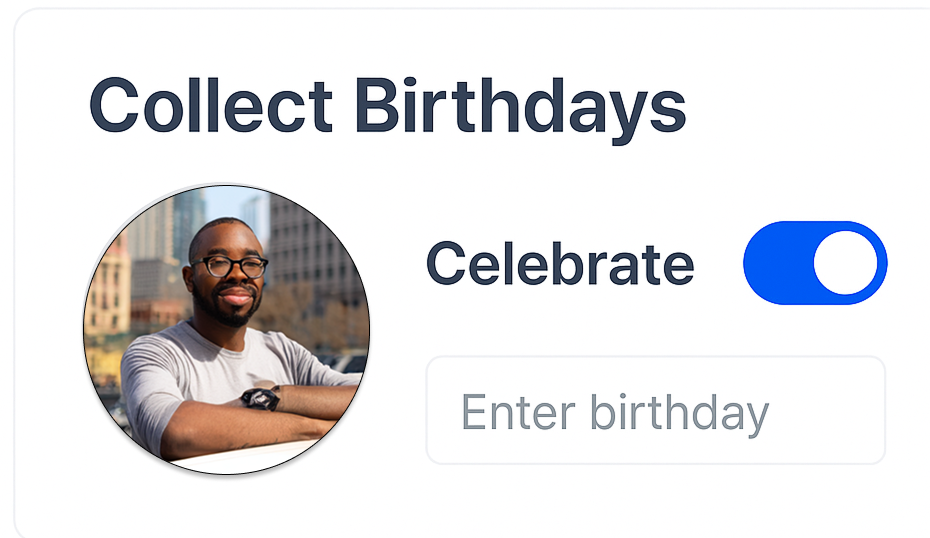 CultureBot birthday settings screen with employee profile photo, toggle switch to celebrate on or off, and input field to enter birthday date.