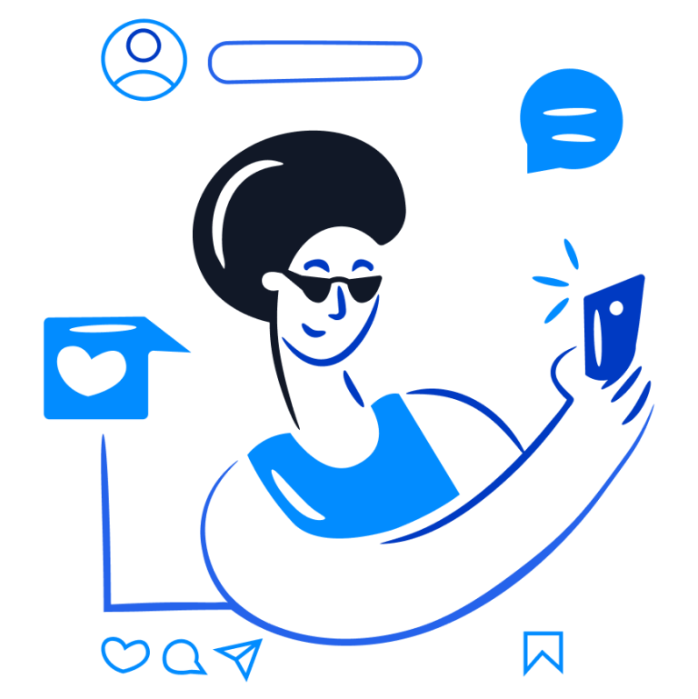 Tools to help remote and hybrid teams celebrate milestones with each other. This illustration shows a teammate taking selfie or recording video for sharing with team, happy about her milestone.