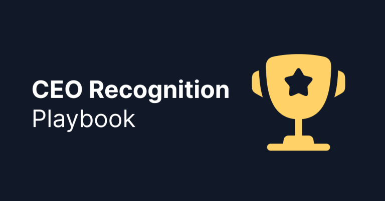 Dark background graphic with the words ‘CEO Recognition Playbook’ in bold white text beside a gold trophy icon with a star in the center.