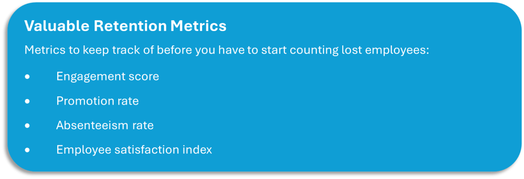 CultureBot card listing employee retention metrics to track: engagement score, promotion rate, absenteeism rate, and employee satisfaction index.