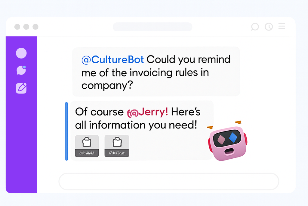 Employees can ask questions to the AI assistant directly from Slack. AI Assistant feature in CultureBot.