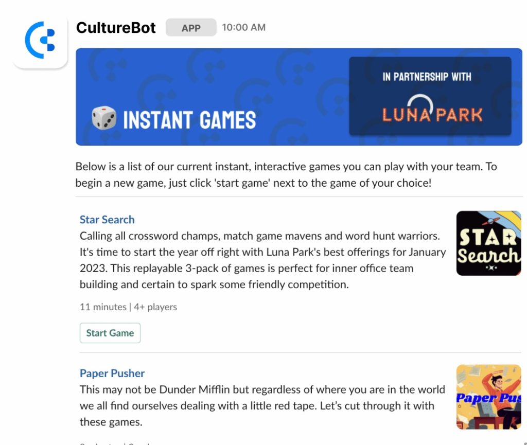 Instant Games in Slack with CultureBot Feature