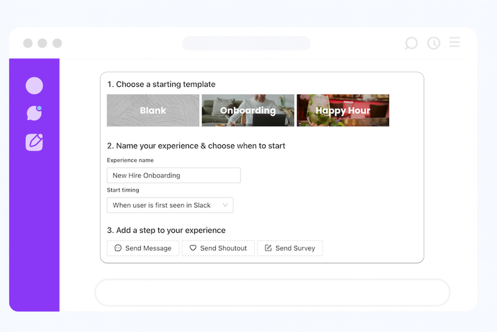 A screenshot of a CultureBot setup page for creating custom Slack or Teams onboarding experiences.This screen illustrates how an admin can design automated onboarding workflows for new hires in Slack or Teams using messages, shoutouts, and surveys.