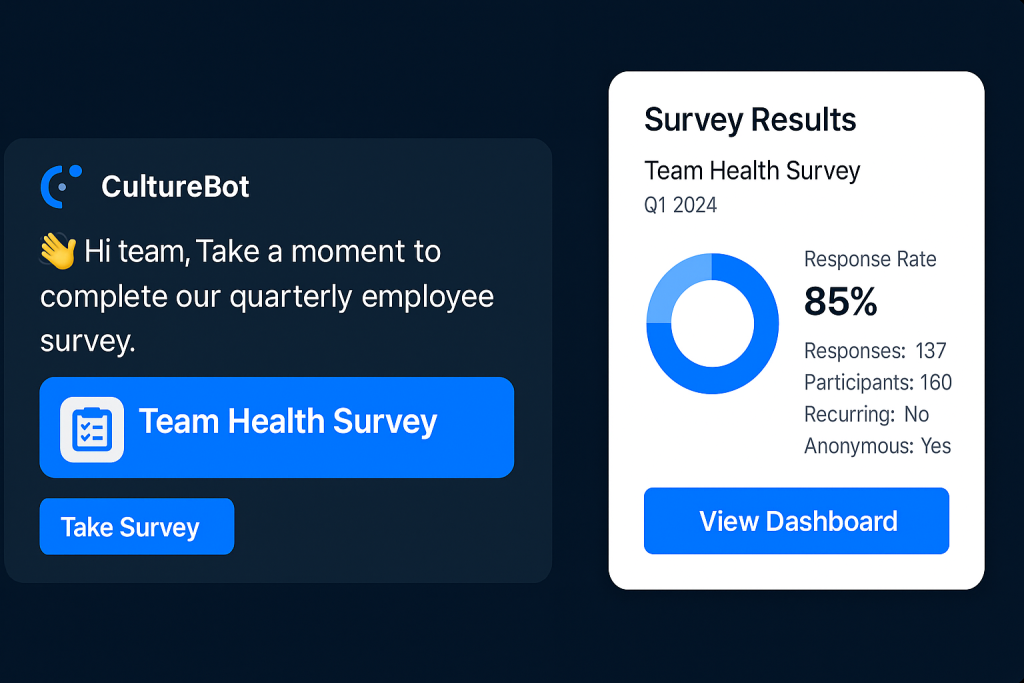feature surveys and pulse checks in Slack or Teams