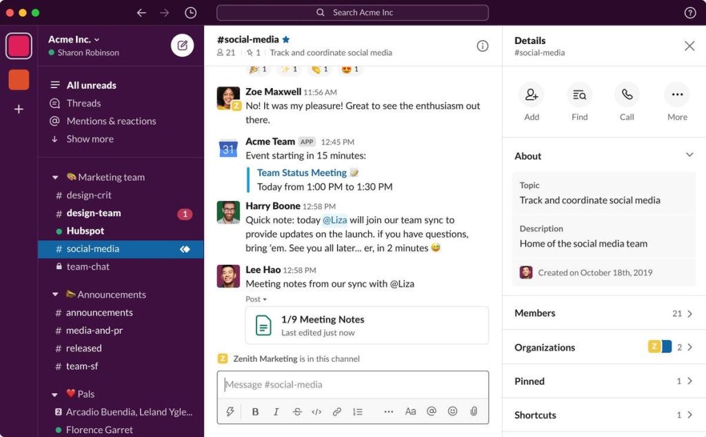 Screenshot of a Slack workspace showing organized channels and a #social-media channel conversation, demonstrating how teams can collaborate and coordinate updates efficiently.