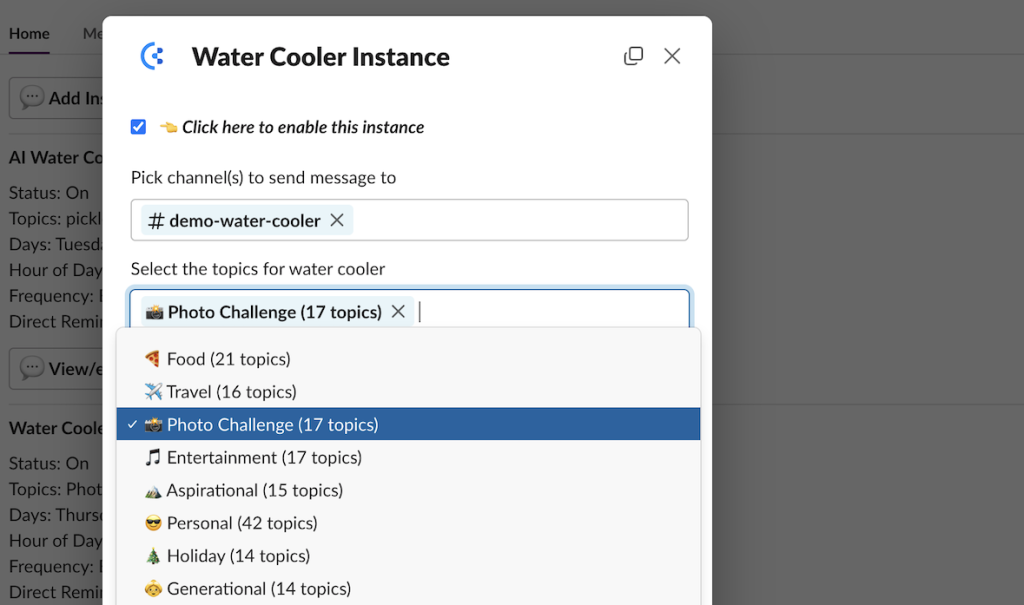 Get topic help from AI or customize them direct for you team, watercooler feature.