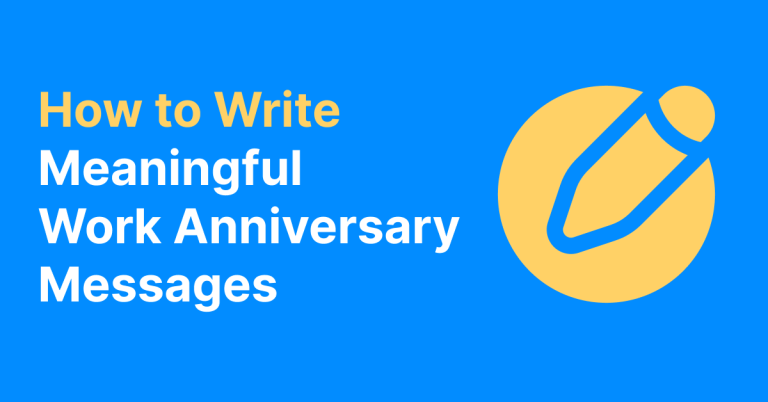 Blue background graphic with a gold pencil icon and headline text that reads ‘How to Write Meaningful Work Anniversary Messages.’