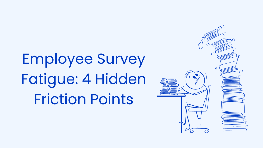 Employee survey fatigue: illustration of an overwhelmed employee buried in survey paperwork
